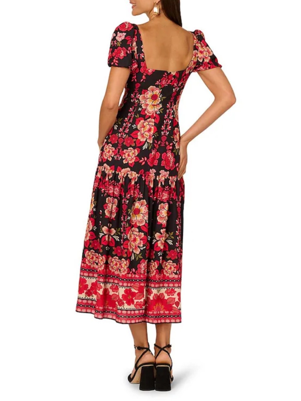 Adrianna Papell Red Floral Print Puff Sleeve Midi Dress - 14 - Picture 5 of 16